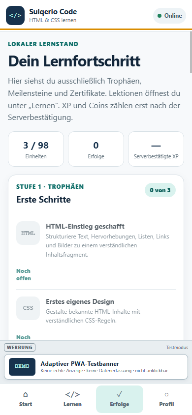Mobile Fortschrittsansicht von Sulqerio Code mit Einheiten, Trophäen und Zertifikaten