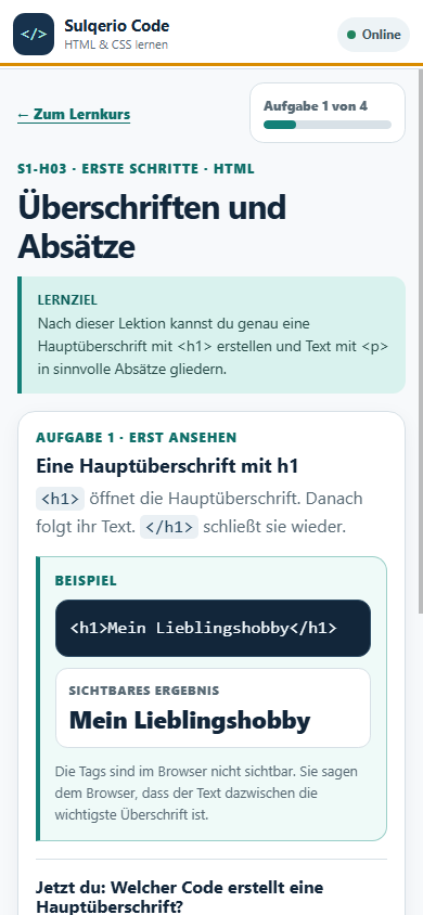 Mobile HTML-Lektion in Sulqerio Code mit Lernziel und direkt sichtbarem Codebeispiel