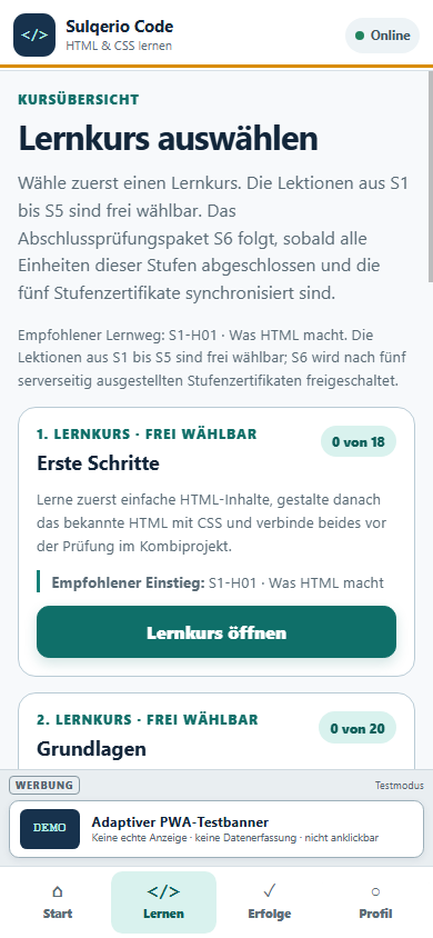 Mobile Kursübersicht von Sulqerio Code mit aufeinander aufbauenden Lernstufen
