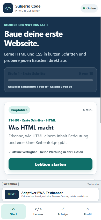Mobile Startseite von Sulqerio Code mit Kursfortschritt und empfohlener Lektion