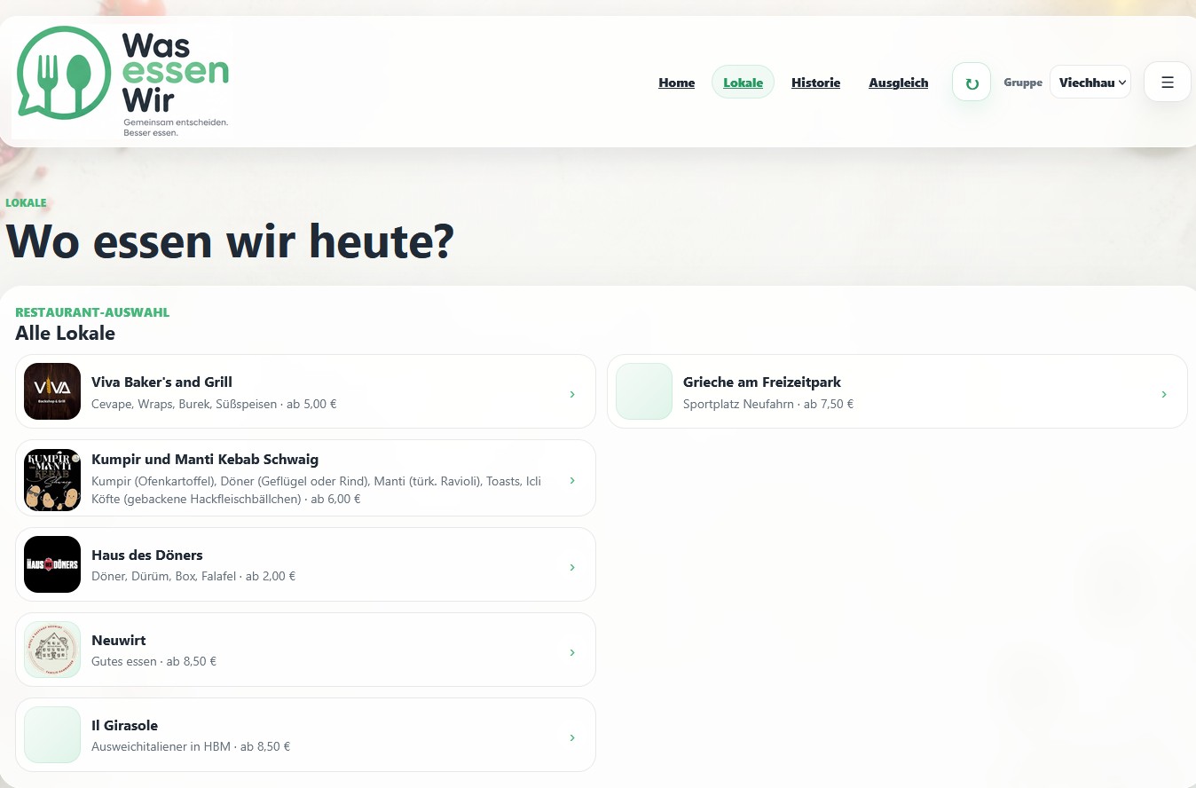Screenshot der WasEssenWir Web-App mit Restaurant-Auswahl